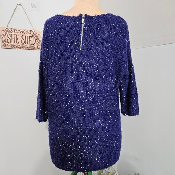 Allen B by Allen Schwartz Sweater Sequin Drop Shoulder Blue High Low XL Bling - Picture 3 of 14
